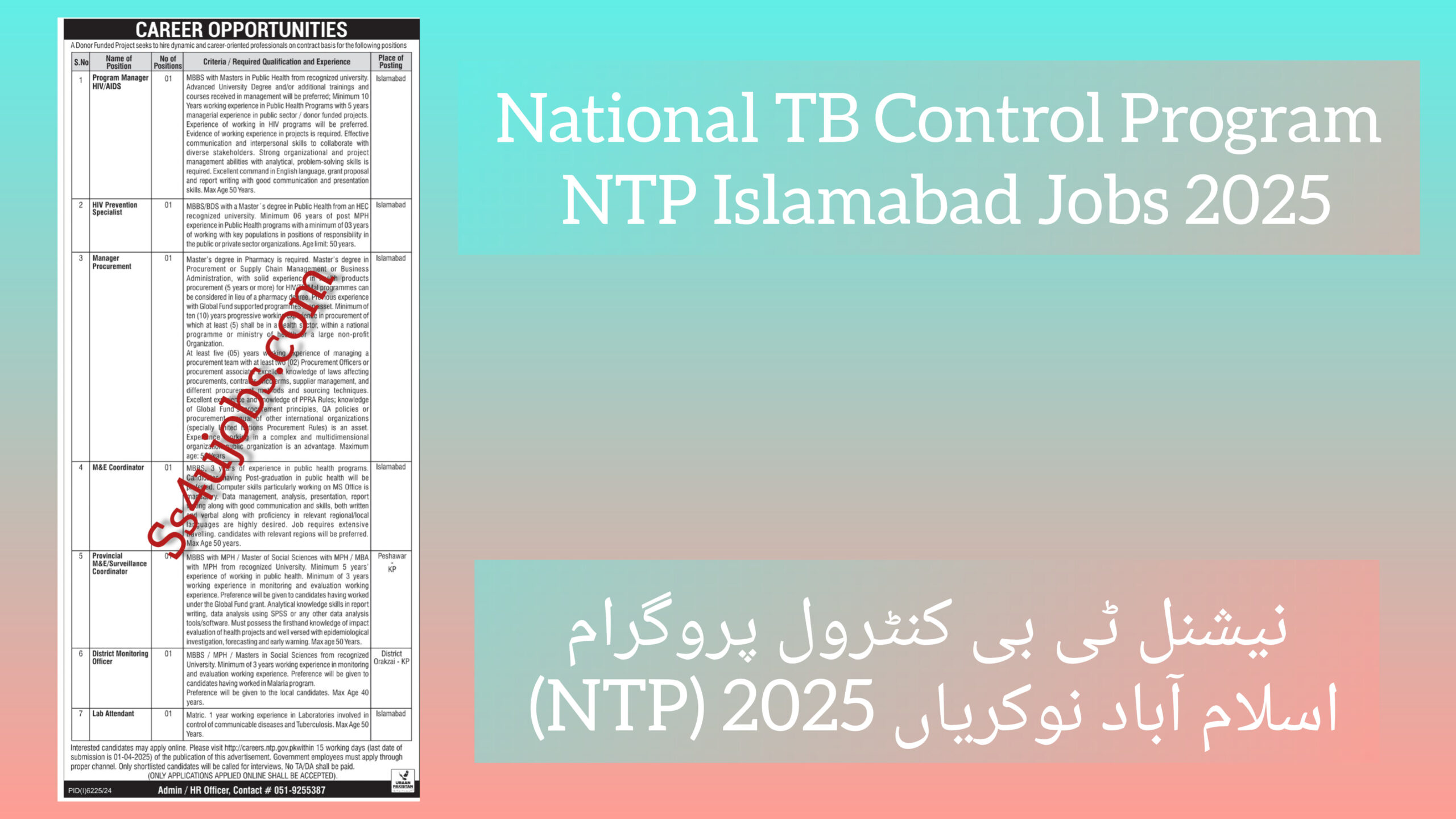 National TB Control Program NTP Islamabad Jobs 2025