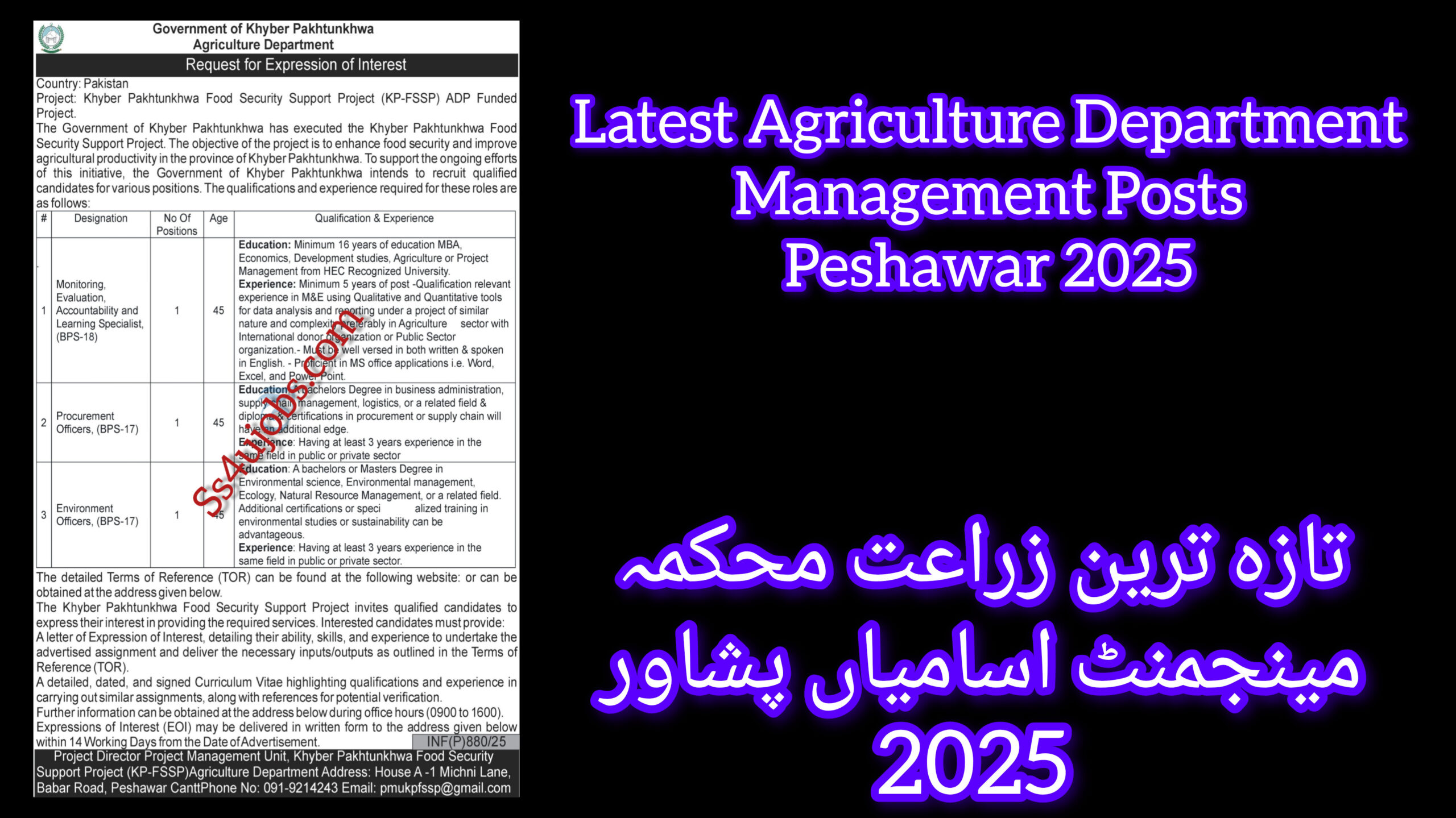 Latest Agriculture Department Management Posts Peshawar 2025